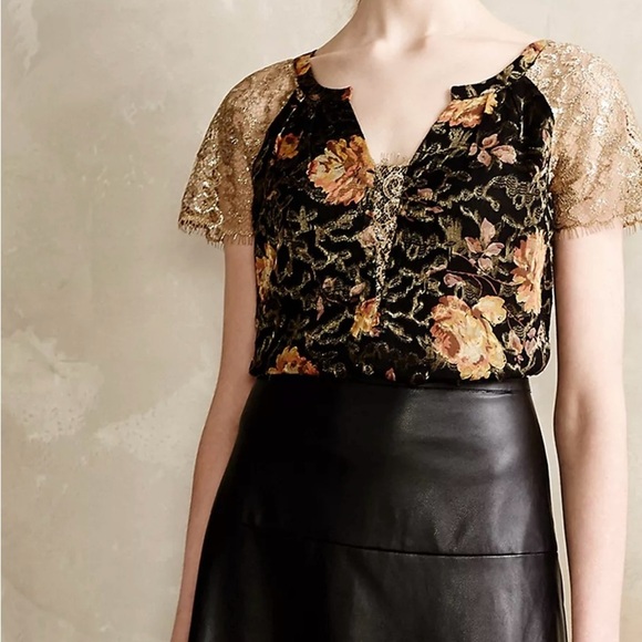 Anthropologie Golden Garden Top 14Medium Velvet Floral Bling Shimmering Sparkles - Picture 1 of 9